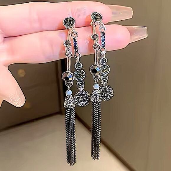 Antique Silver Rhinestone Earring Round Ball Long Fringe Tassel Earrings Boho - Picture 6 of 12